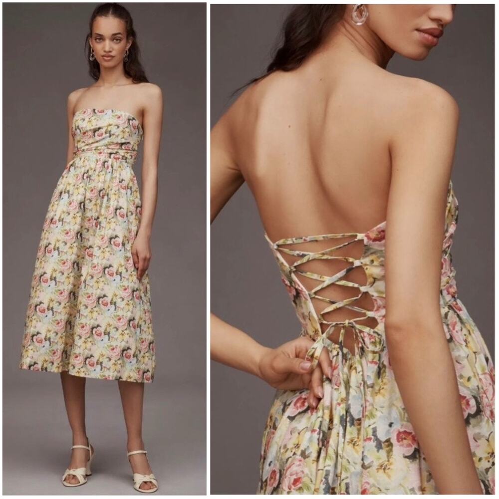 Anthropologie En Saison Cairo Midi Dress Floral Strapless Lace-Up Cottagecore
